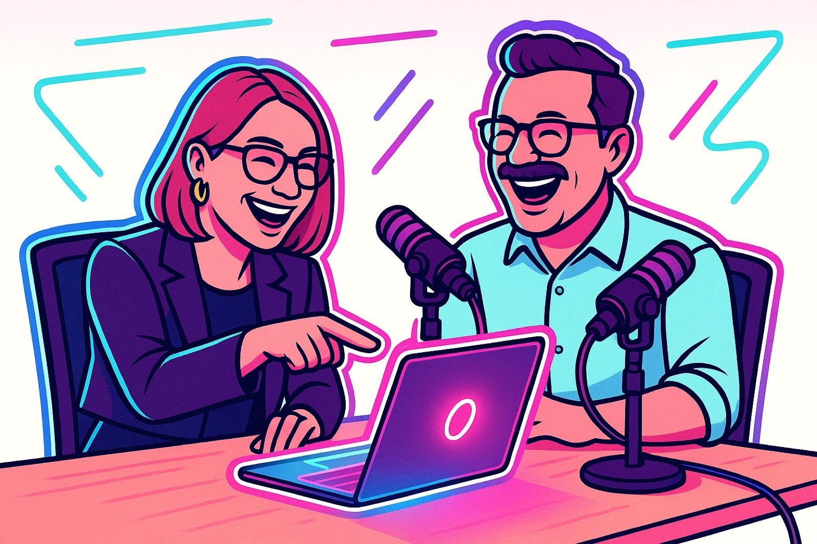 Illustration: Janine zeigt auf den Laptop, beide lachen.