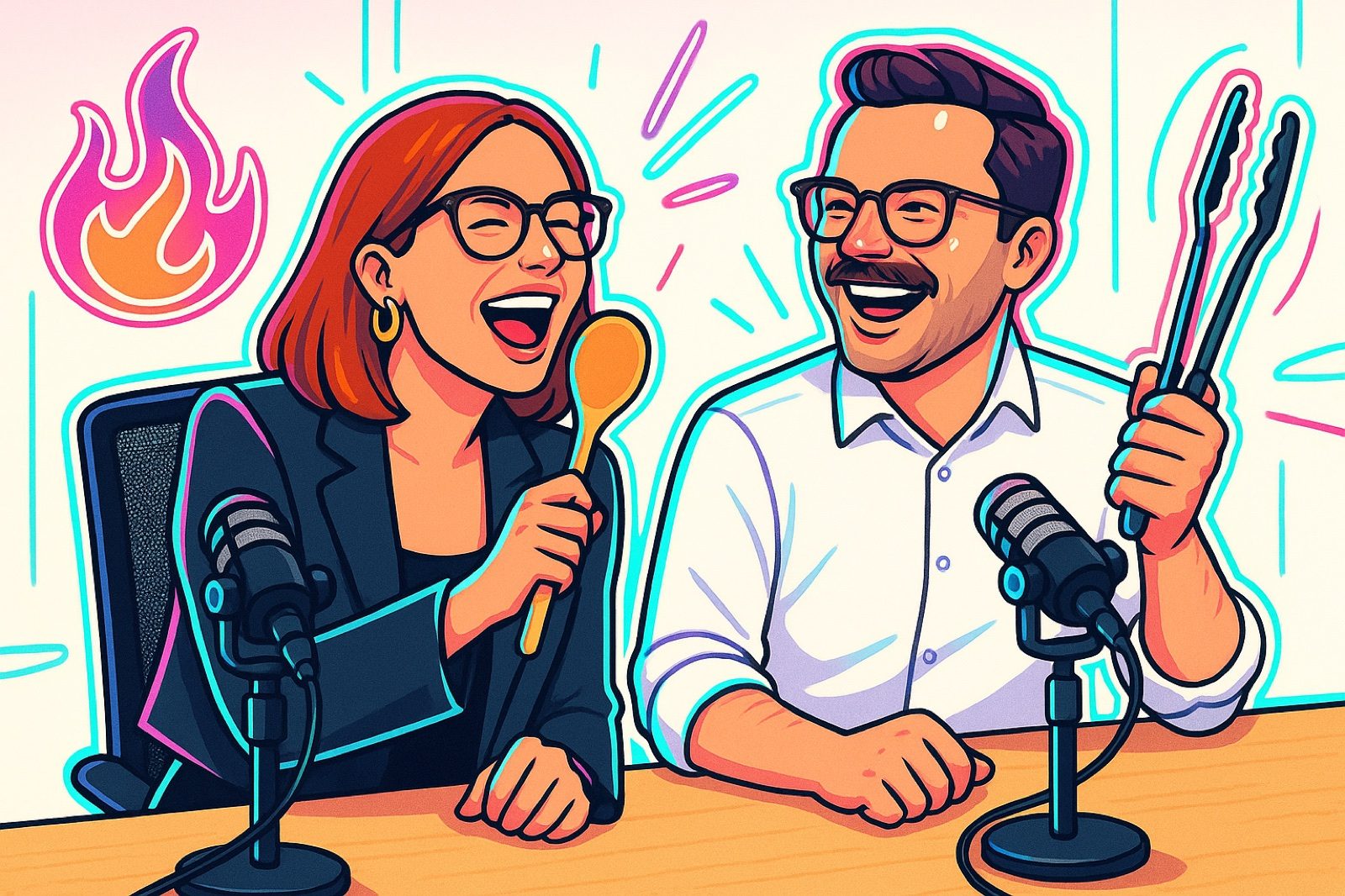 Illustration: Janine singt in eine Kochkelle, Oliver hält eine Grillzange.