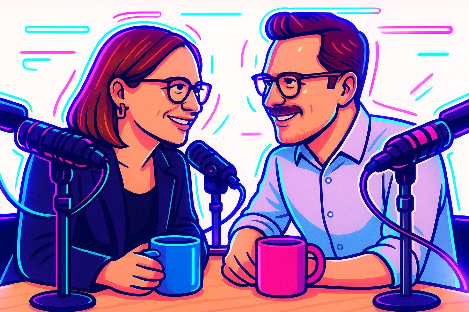 Illustration: Janine und Oliver beugen sich mit Kaffeetassen über den Tisch zueinander.