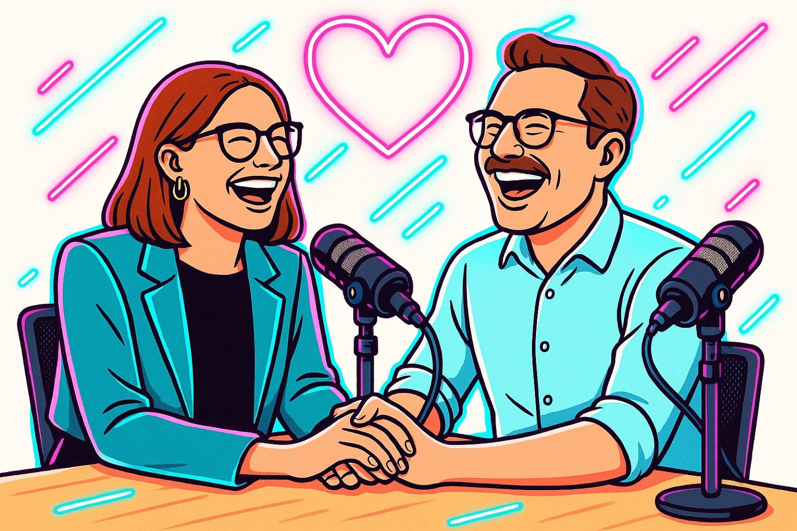Illustration: Janine und Oliver lachen und halten sich am Studiotisch die Hände.